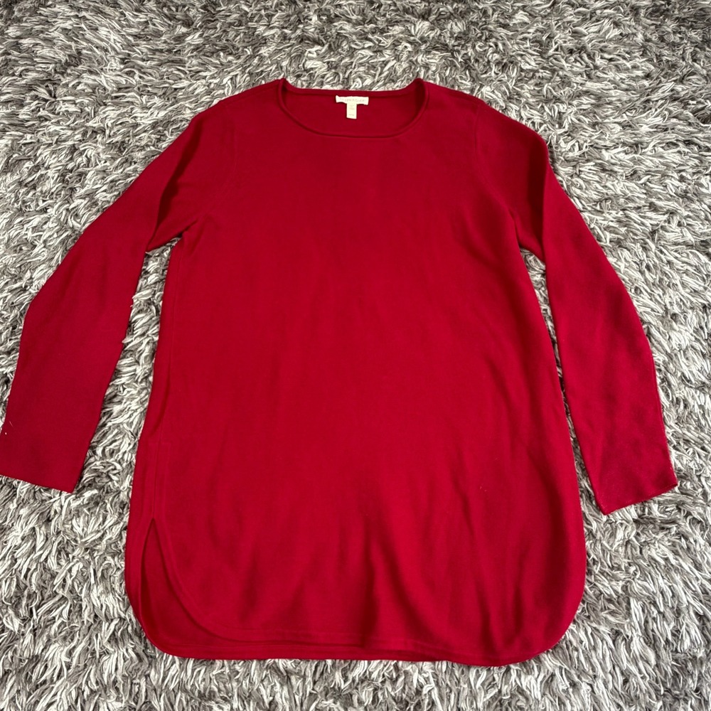 Eileen Fisher Red Organic Cotton Tunic Sweater Medium Crew Neck Long Sleeve 3160